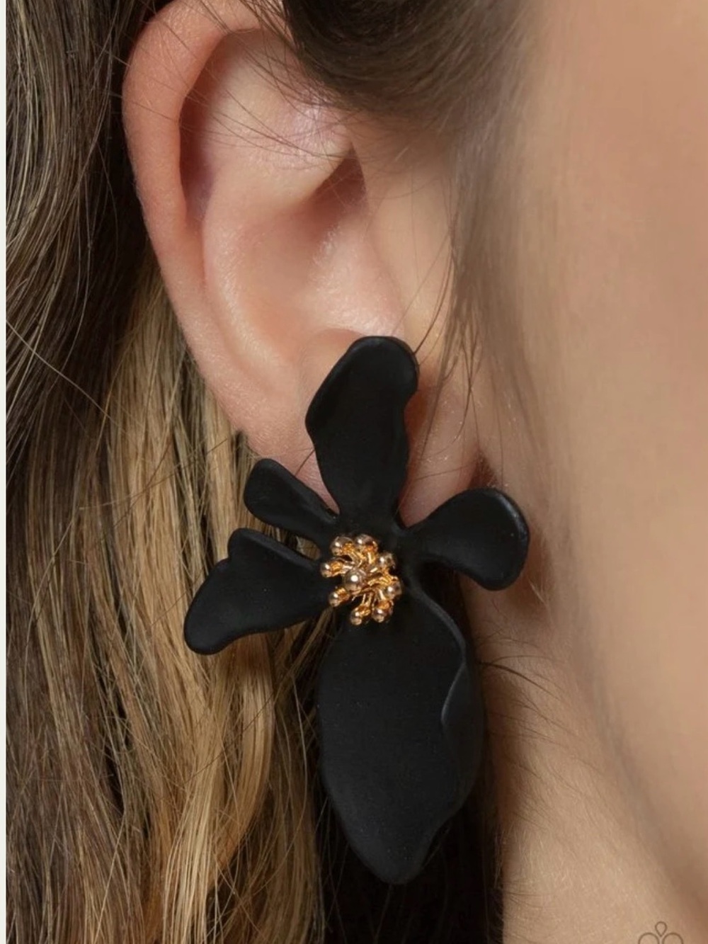Black Floral Statement Earrings with Gold Accents